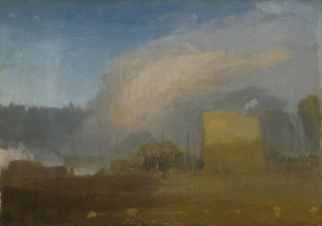 A river bank with shipping beyond, masts and low buildings in pale morning light.