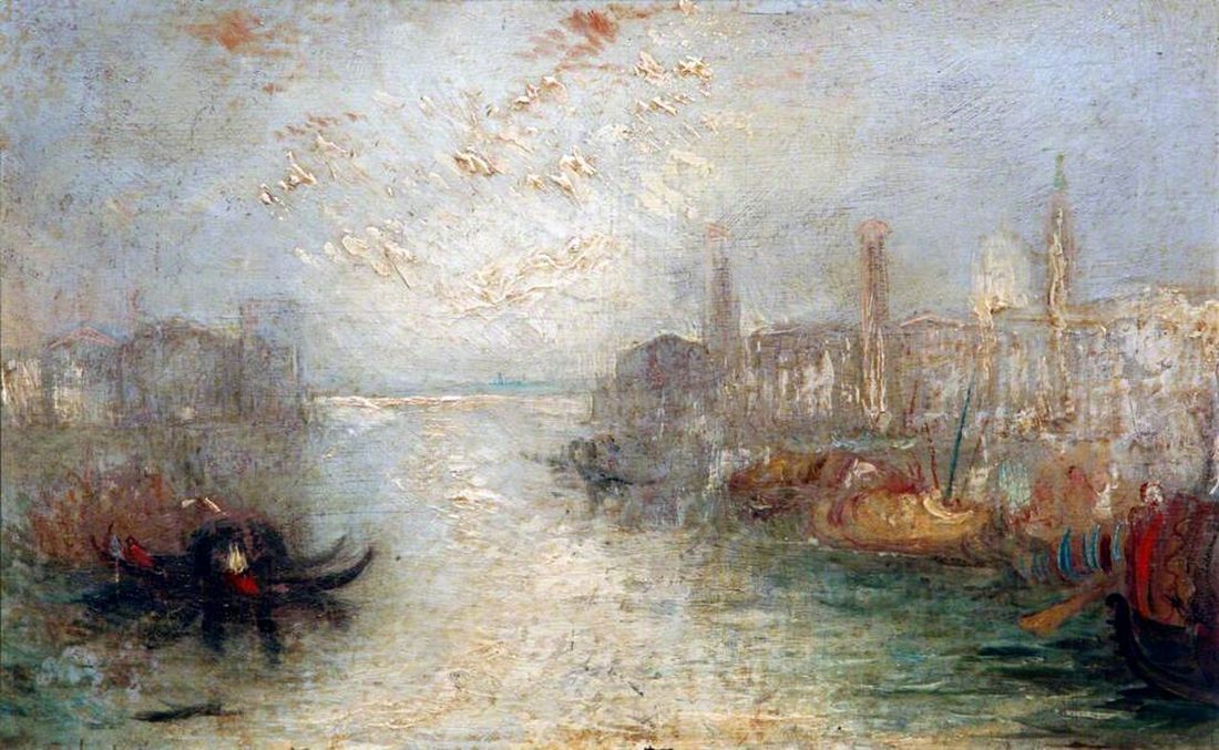 A Venetian church front across the lagoon in flat light, small boats on the water in front.