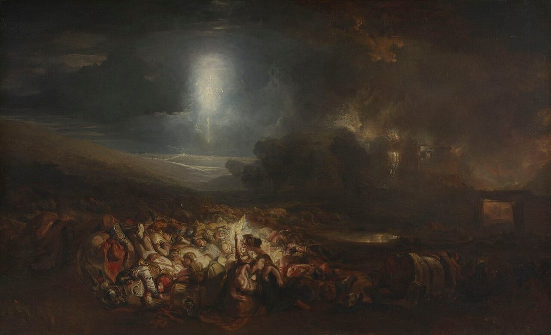 A battlefield at night, heaped bodies in the foreground lit by a flare and a woman searching among them.