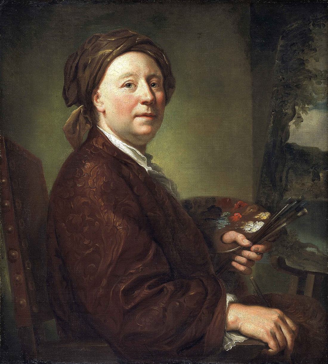 Painted portrait of a man in a brown coat holding a portfolio, turned to the viewer.